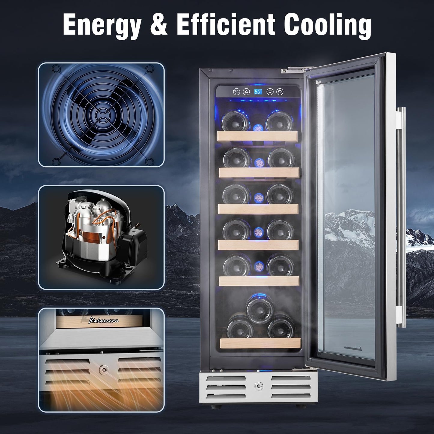 Kalamera Mini Fridge 18 Bottle - 12 inch Wine Cooler Refrigerator, Built-in or Freestanding, with Stainless Steel & Double-Layer Tempered Glass Door, and Temperature Memory Function Wine Fridge
