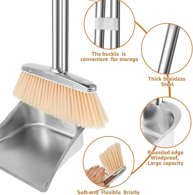 Broom Kitchen Dustpan - 700g Metal Dustpan, Standing Set, Floor Brush with Holder | Upright Cleaning Kit for Homeowners, Stainless Steel Equipment, Easy-to-Use Dust Collector, Perfect Bedroom Living