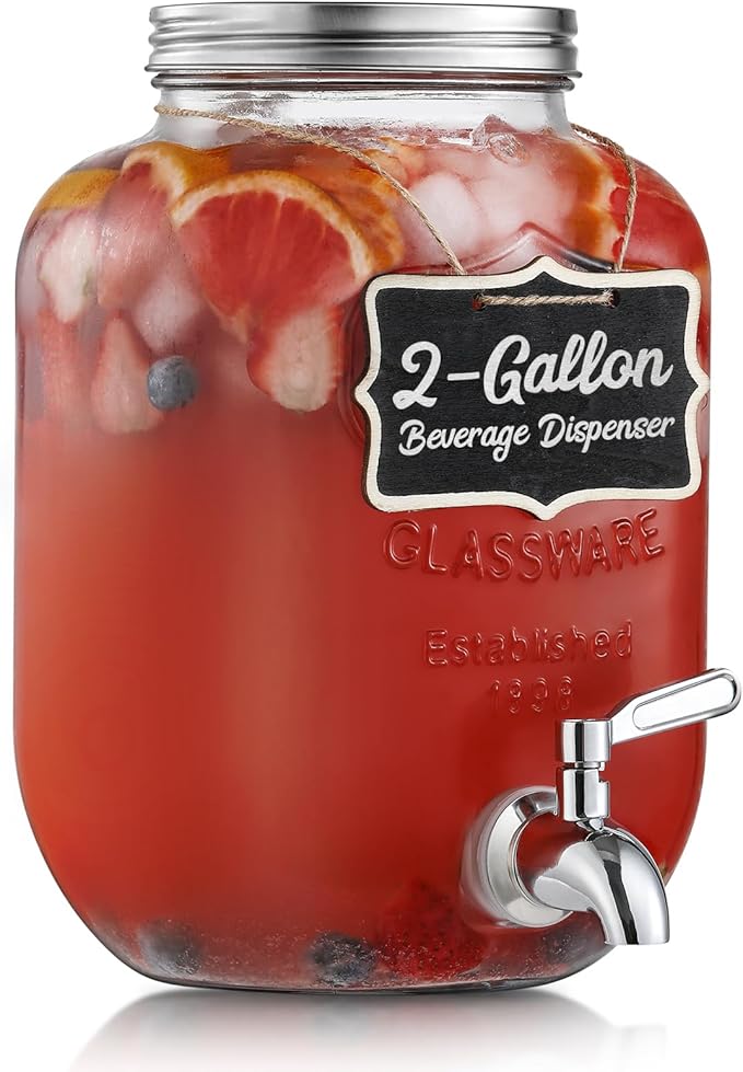 2 Gallon Glass Beverage Dispenser, 18/8 Stainless Steel Spigot and Lid - Glass Drink Dispensers for Parties - Mason Jar Dr...