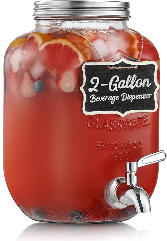 2 Gallon Glass Beverage Dispenser, 18/8 Stainless Steel Spigot and Lid - Glass Drink Dispensers for Parties - Mason Jar Dr...