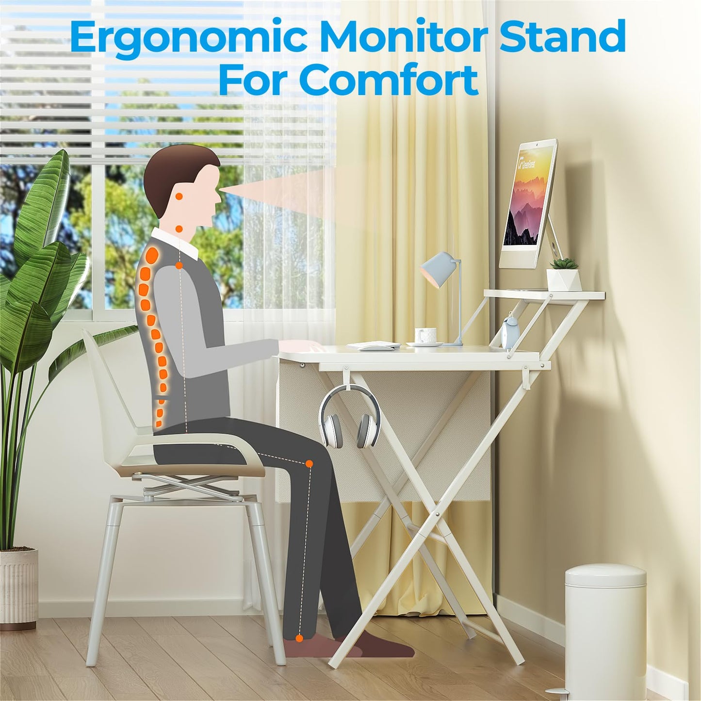 GreenForest Folding Desk for Small Spaces, 31.5 inch Foldable Table with Storage Bag, 2-Tier Portable Computer Desk with Monitor Stand for Home Bedroom, Pure White