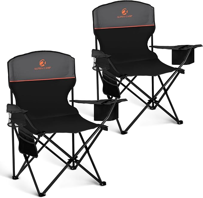 ALPHA CAMP Camping Chair 2 Pack Portable Chair with 3-Can Cooler Folding Chair with Side Pocket and Cup Holder, Collapsibl...