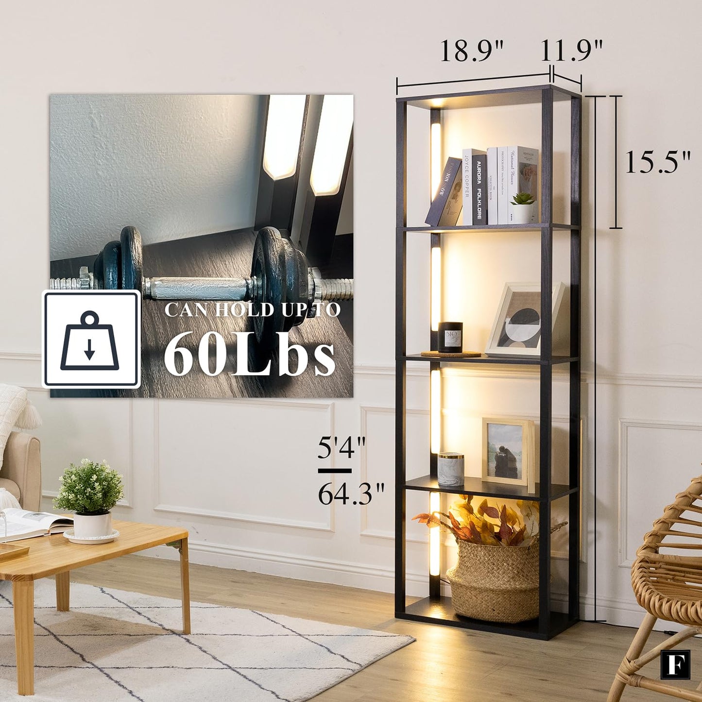 FENLO LED Floor Lamp with Shelves Fancy Pro, Dimmable Display Shelf Lamp with Color Temperature Control, App & Remote, Bright Long-Lasting Integrated LED