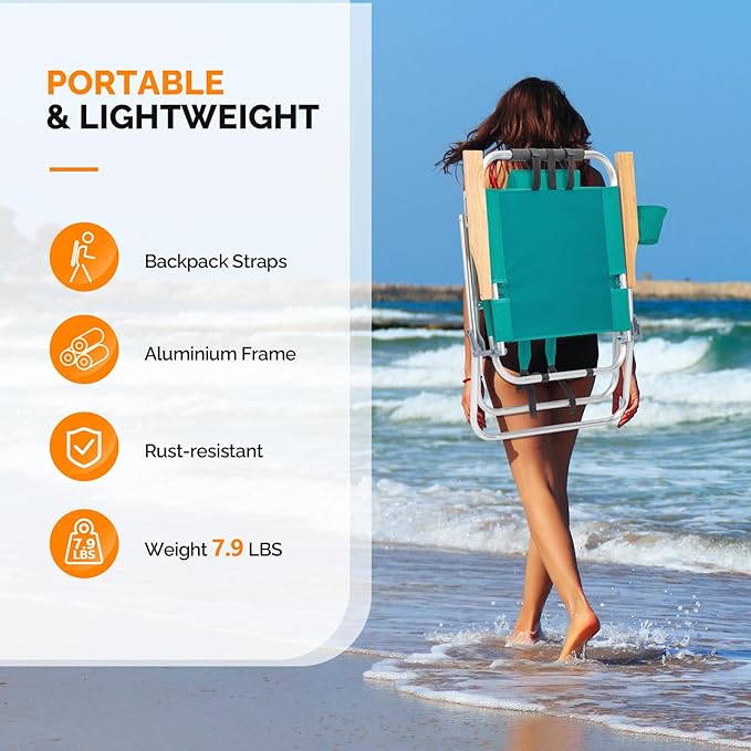 VINGLI Aluminum Backpack Beach Chair – Tall Beach Chairs for Adults, Portable with Adjustable Straps, 3-Position Reclining, Cup Holder, 2 Pillow,High Lightweight Beach Chairs (Green, 17" High)