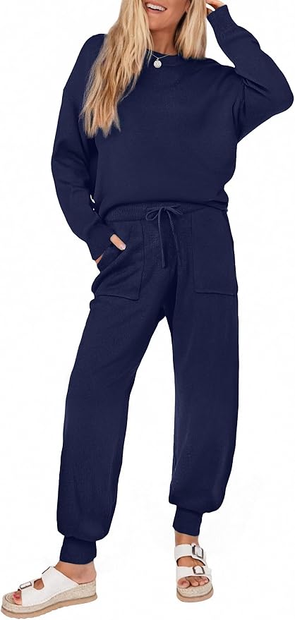 Ekouaer Women's 2 Piece Lounge Set Long Sleeve Knit Pajamas Sweatsuit Jogger Pant Outfits With Pockets S-XXL