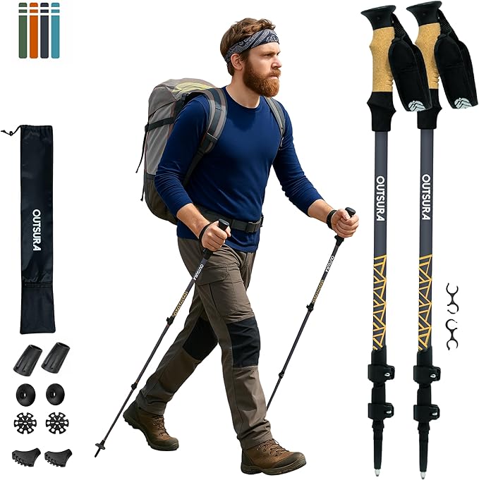 Outsura Trekking Poles for Hiking Collapsible Lightweight Aircraft Graded Aluminum Hiking Poles with Cork Grip & Quick Loc...