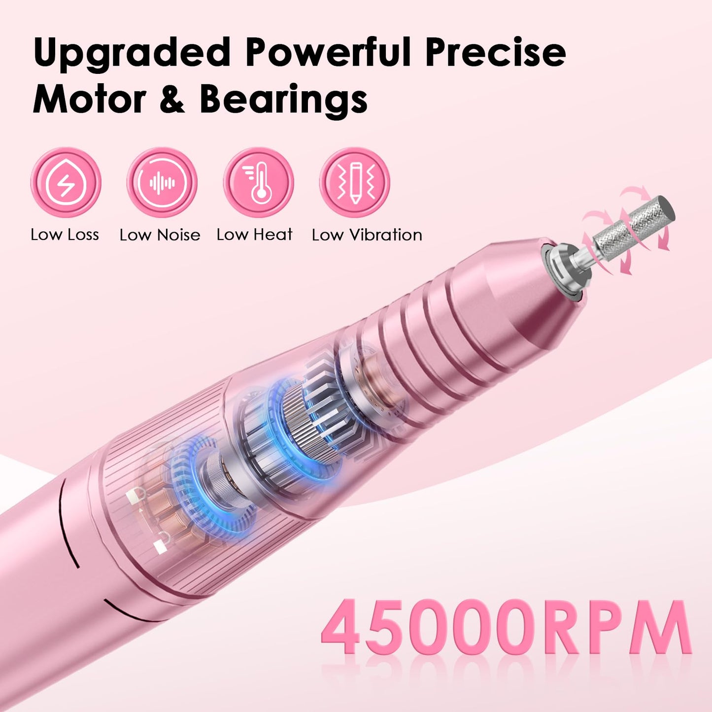 Professional Electric Nail Drill File, HUGMAPLE 45000RPM Portable E-File Machine with Bits & Base, Rechargeable Cordless Nail Dr