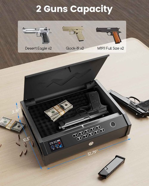 MOLICAR Gun Safe, Biometric Gun Safes for Handgun with LCD of Temp Humidity Battery, USB-C Port, Fingerprint Quick Access Pistol Safe for Home Bedside Nightstand Car