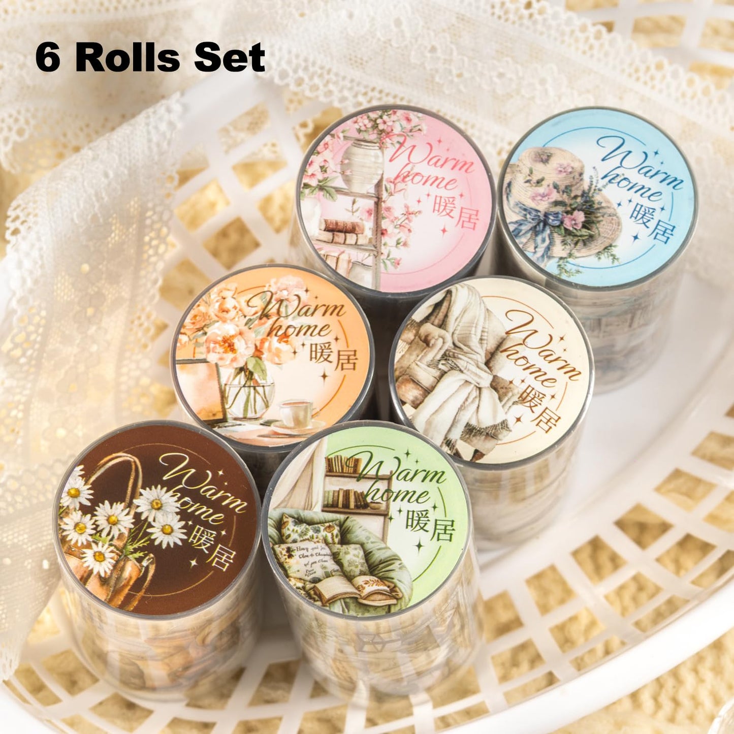 Cozy Home-Themed PET Tape Set, 6 Rolls Pre-Cut Scrapbook Stickers for Journal Supplies, Planner, DIY Crafts, and Gift Wrapping