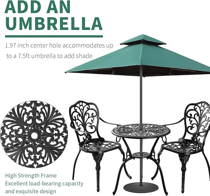 Withniture 3 Piece Patio Bistro Set Cast Aluminum Bistro Table and Chairs Set of 2 with Umbrella Hole,All Weather Metal Bistro Table Set,Outdoor Patio Furniture Set for Garden(Butterfly Black)