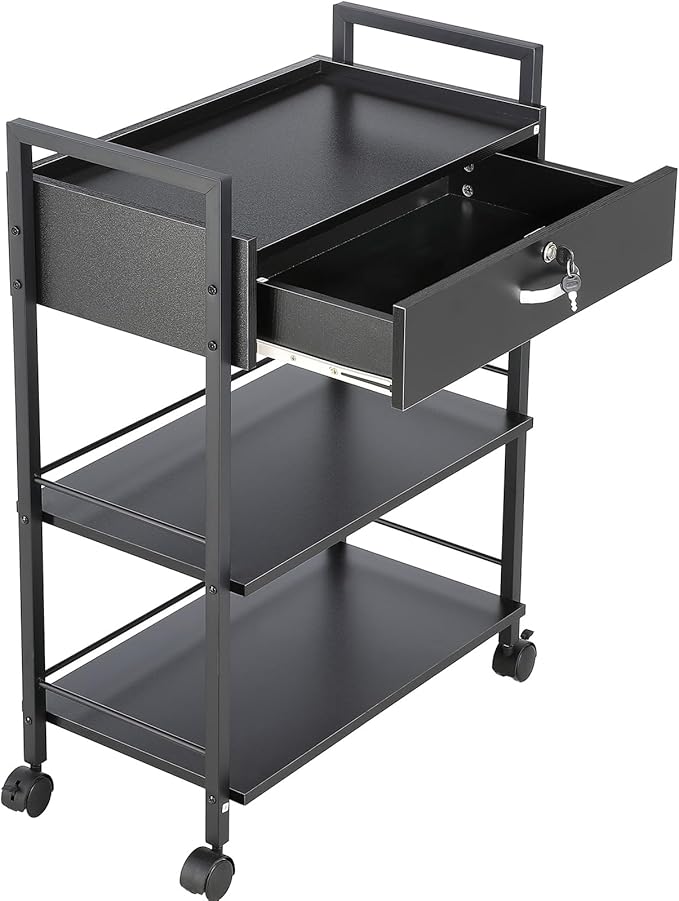 VEVOR Beauty Salon Trolley Cart, 3-Tier Hair Salon Stations Cabinet for Stylist with Lockable Drawer, MDF Rolling Storage Station with 4 Wheels (2 Lockable) for Beauty SPA Barbershop Tattoo