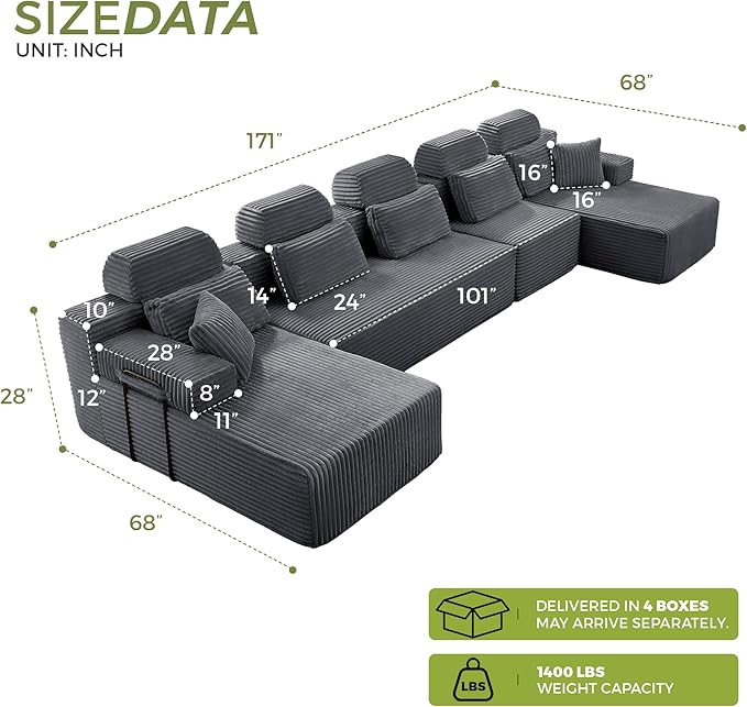 171" U-Shaped Cloud Modular Sectional Sofa with Chaise & Headrest, Boneless Deep Seat Plush Corduroy Couches for Large Living Room, No Assembly Required (Dark Gray, 171" U-shapred Chaise)