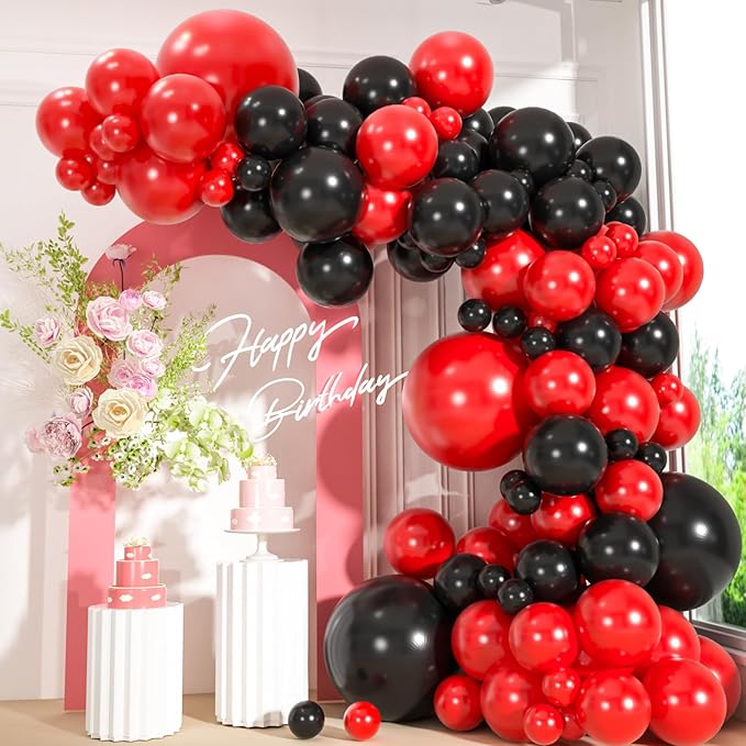 110pcs Red and Black Balloons Garland Arch Kit, 18/12/10/5 Inch Black Red Latex Balloons for Casino Poker Night, Graduatio...