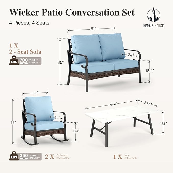HERA'S HOUSE 4 Piece Metal Patio Furniture Set, 2 x Rocking Cushioned Chair, 2-Seat Lover Sofa with Coffee Table, All Weather Outdoor Conversation Set for Lawn Garden Backyard Deck, Blue