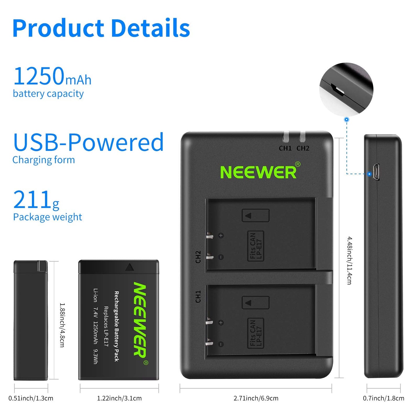 Neewer 2-Pack Lp-E17 Replacement Battery And Dual Usb Charger For Canon Eos R8, R10, R50, Rp, 77D, 750D, 760D, 800D, 8000D, M6 I