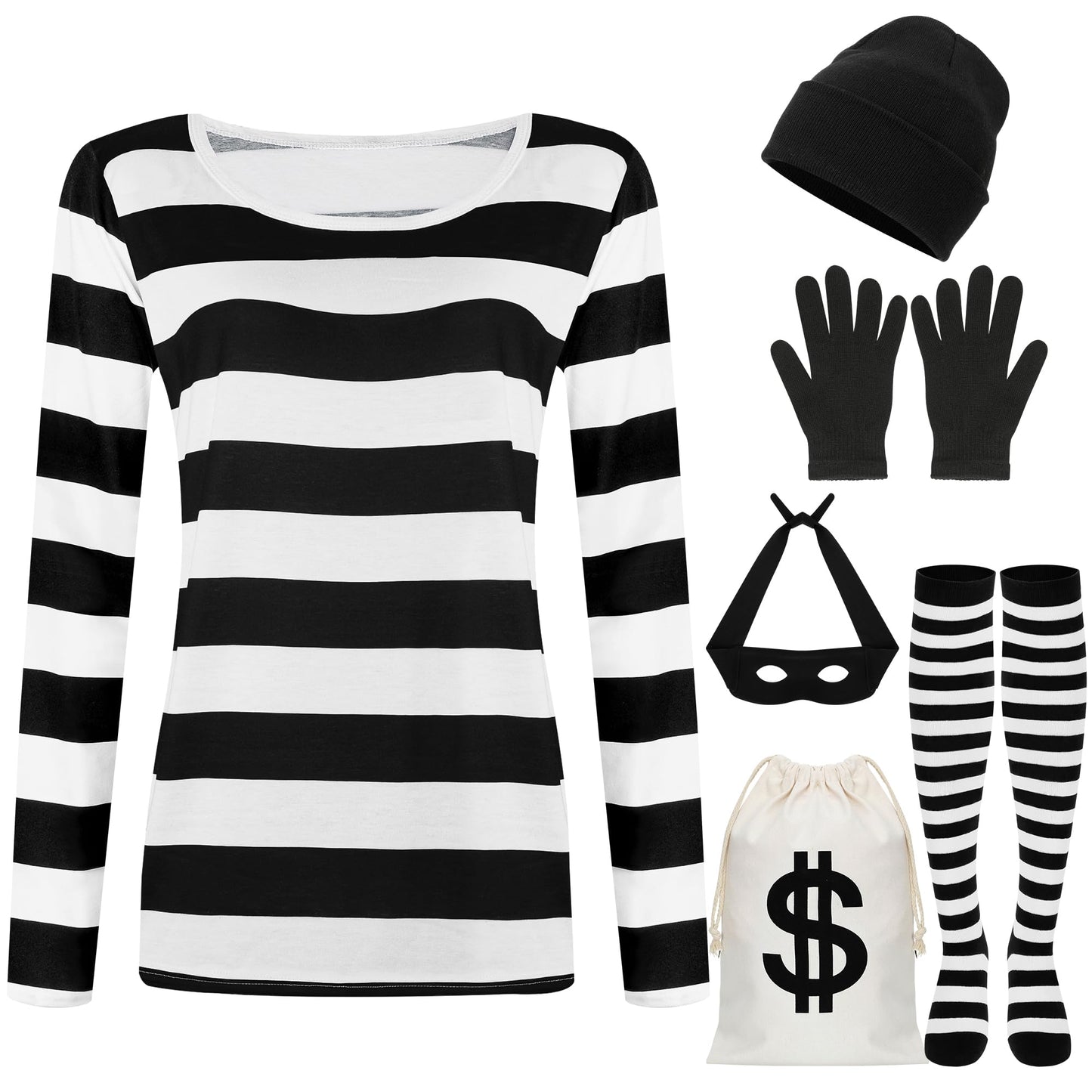 QZYL Halloween Women Robber Costume Set, M Women Thief Cosplay Striped Shirt Mask Gloves Beanie Cap Bag for Halloween Thief