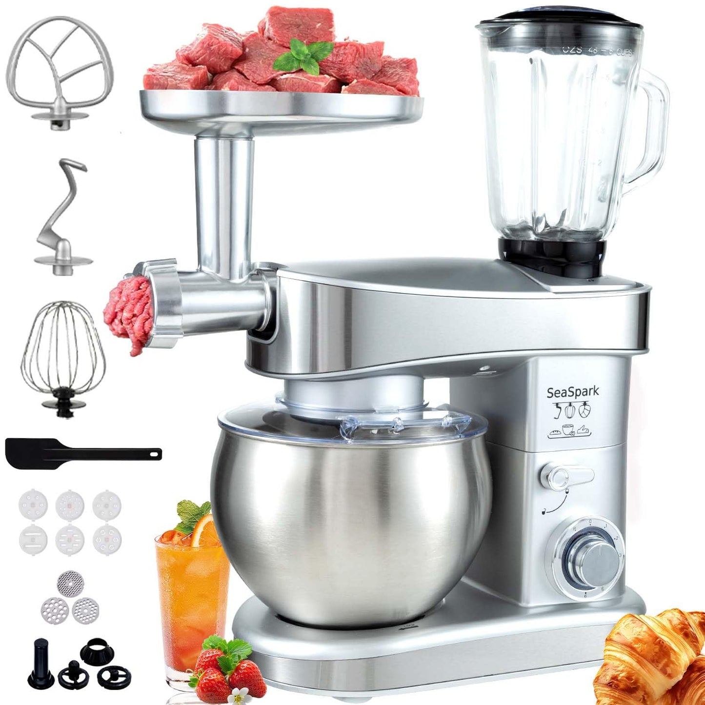 SeaSpark Multifunctional Stand Mixer, 6 in 1 Stand Mixer, 6.3Qt Tilt-head, Standing Mixer with Stainless Steel Bowl, Meat Grinder, Juice Blender, for professional Baking and Most Home Cooks, Silver