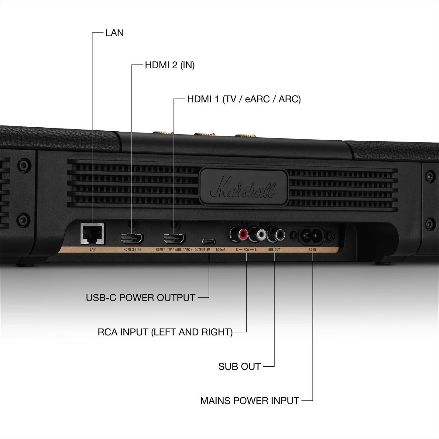 Marshall Heston 120 Soundbar - Dolby Atmos Immersive Sound and Built-in Subwoofer for TV, Movies and Music | Volume, Bass, Treble Controls | Bluetooth, WiFi, HDMI, RCA Inputs - Black