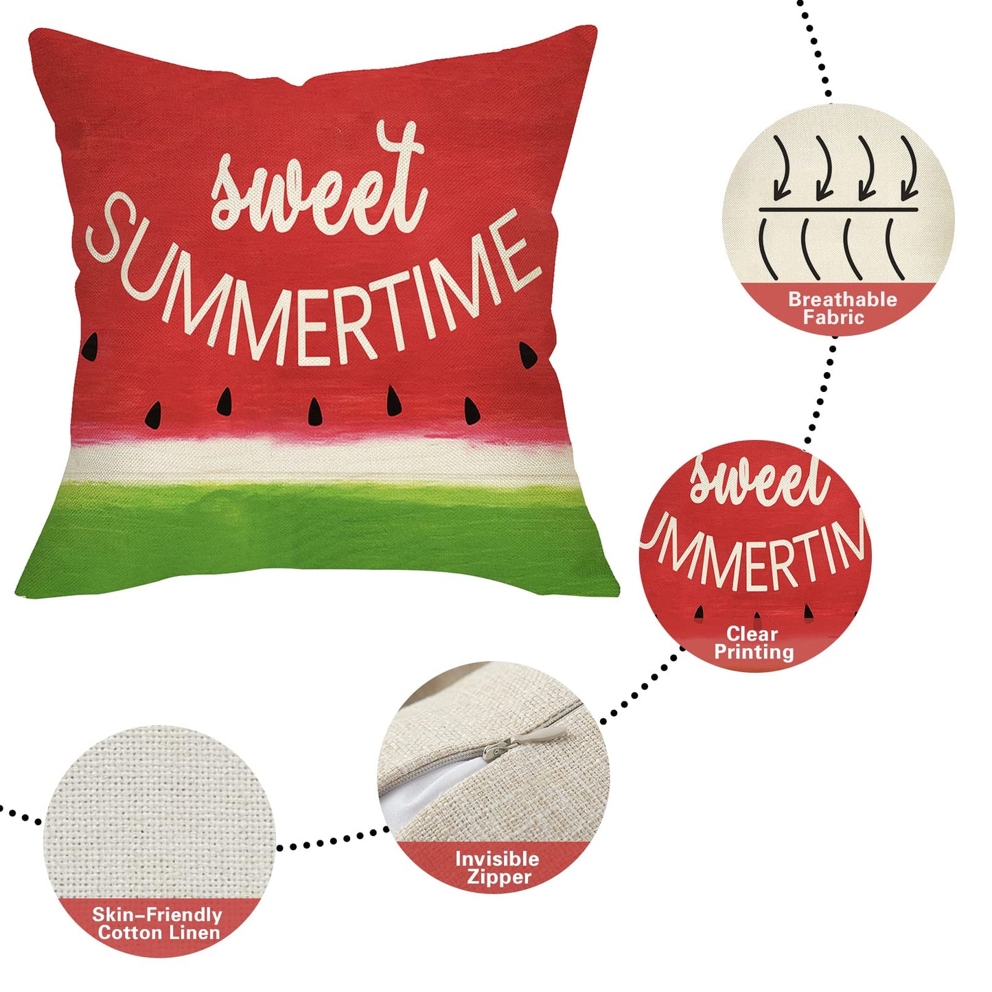 Softxpp Sweet Summer Time Decorative Throw Pillow Cover, Red Watermelon Sign Cushion Case Seasonal Rustic Home Decorations, Green Farmhouse Square Pillowcases Cotton Linen Decor for Sofa Couch 18 x 18
