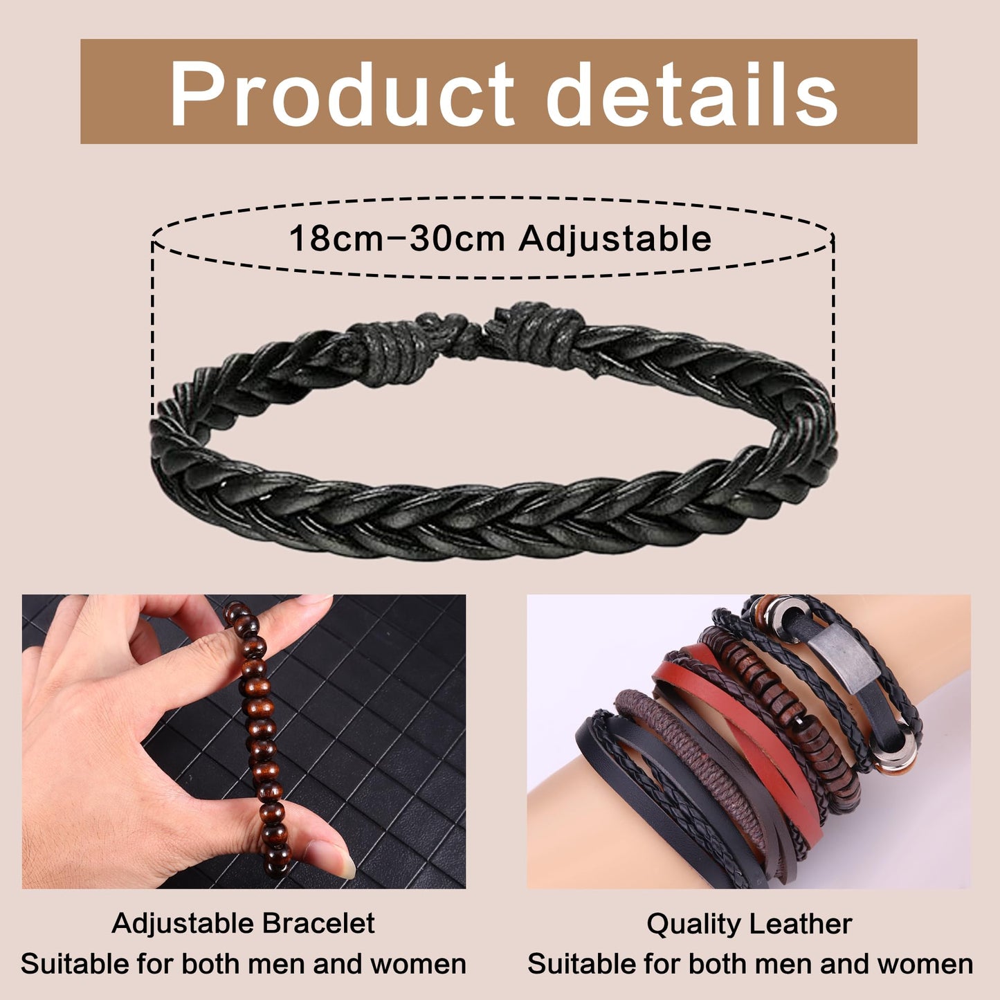 Florideco 30PCS Braided Leather Bracelets for Men Women Wrap Wood Beads Bracelet Woven Ethnic Tribal Rope Wristbands Bracelets S
