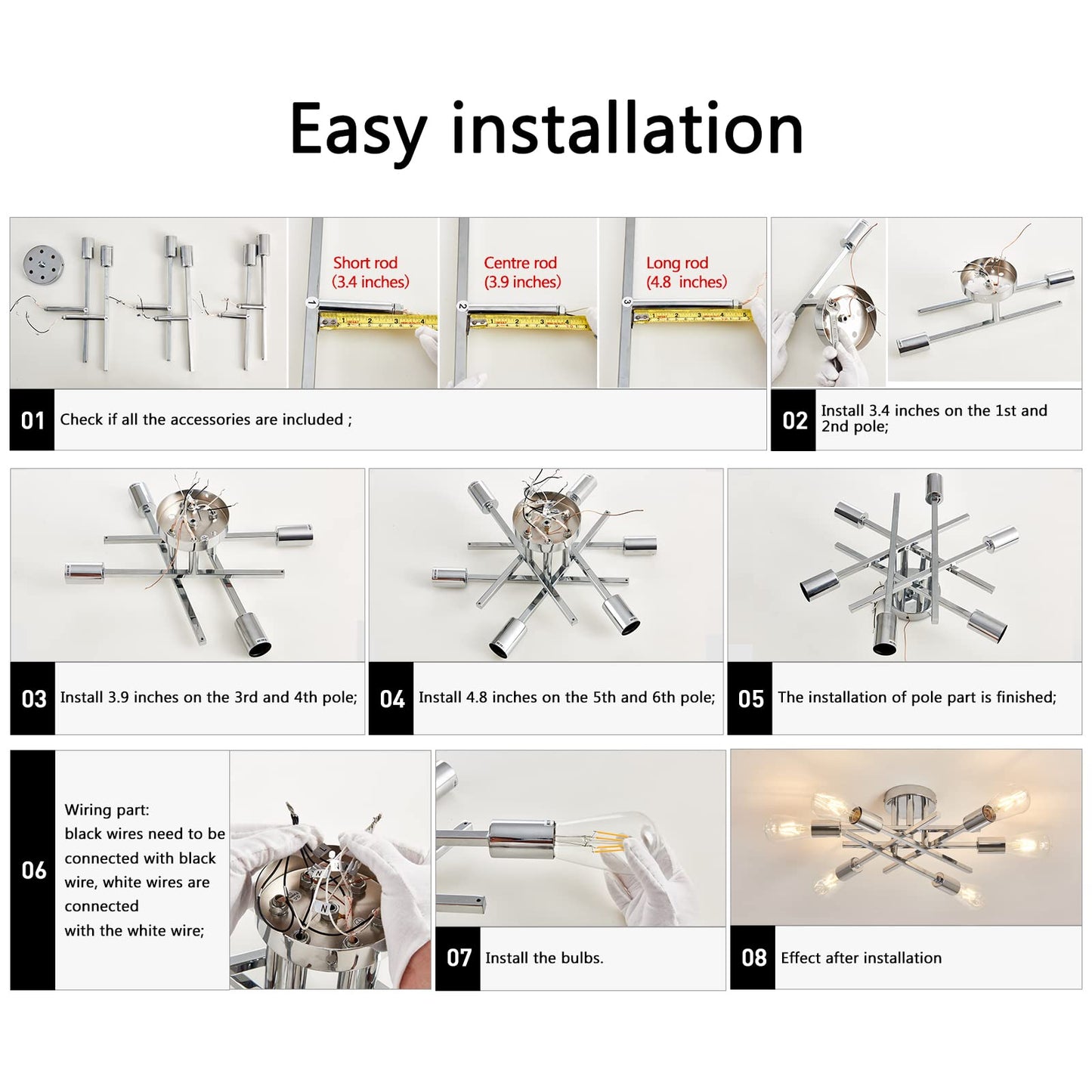 ASGYISA 6-Lights Semi Flush Mount Ceiling Light Fixture Modern Chrome Matte Sputnik Chandelier Farmhouse Ceiling Lighting for Kitchen Bedroom Dining Room Living Room