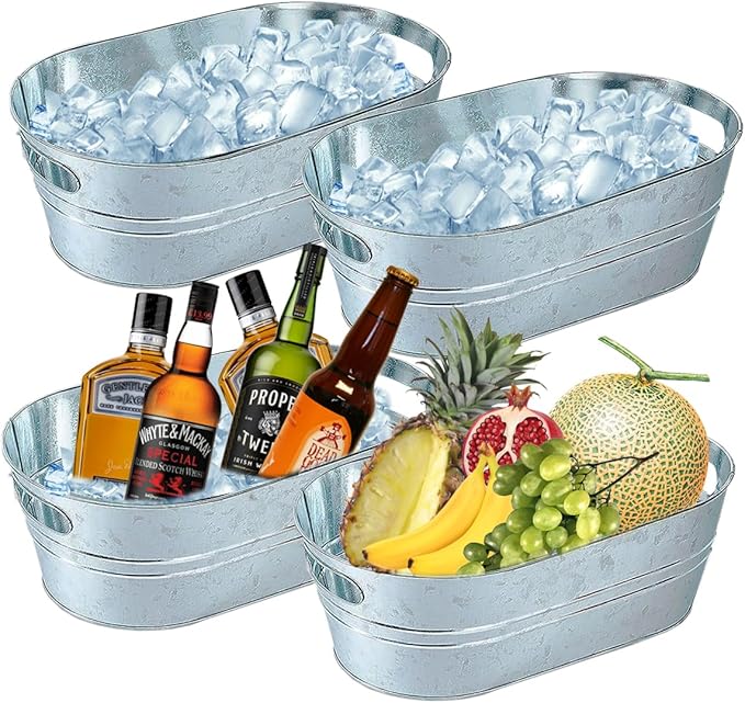 4 Pack Galvanized Tub 3.1 Gallon Ice Bucket Large Metal Drink Buckets for Parties Beer Beverage Tub with Carry Handles for...