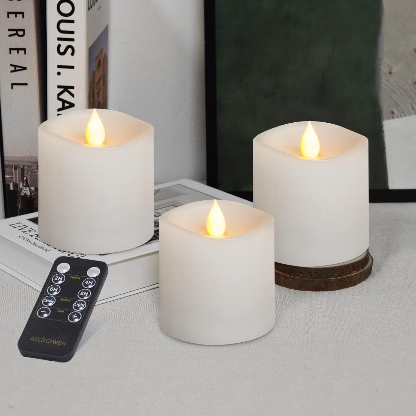 Genwelled Life Plus Flickering Flameless LED Candles Battery Operated Candle 2AA 600 Hours White 3x3 inch Set of 3 Real Wax Pillar Candles with Remote and Timer Halloween Christmas Holiday and Wedding