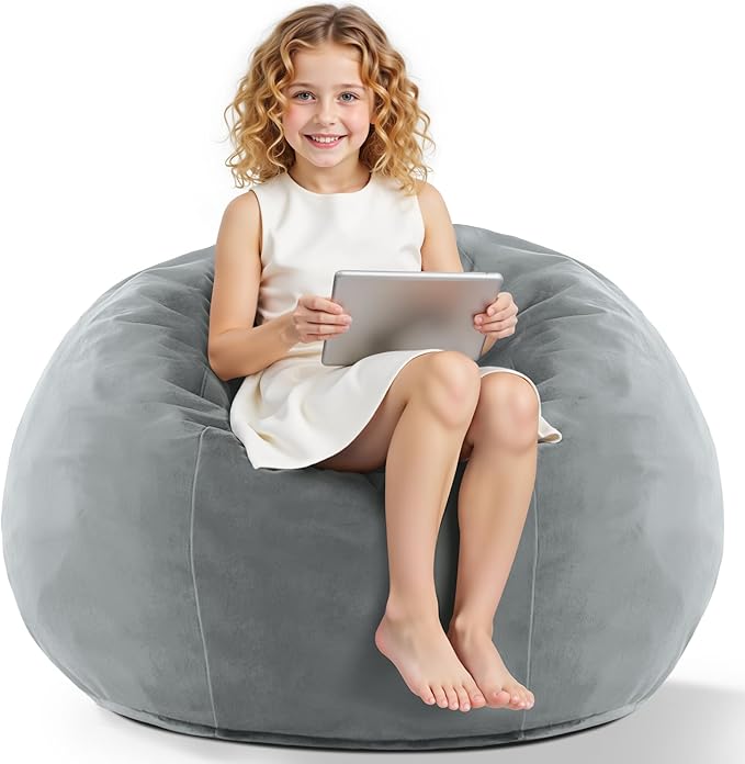 HABUTWAY 2FT Bean Bag Chair, 2' Beanbags Small Bean Bag Chairs with Filling, Teardrop Bean Bag Chair Luxurious Velvet Ultra Soft Fur with Removable Cover(Light Grey)