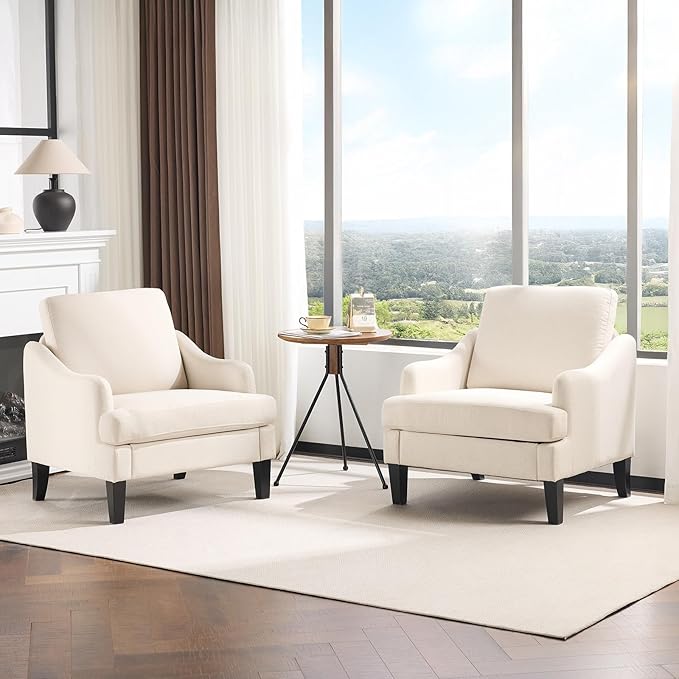 VINGLI Linen Fabric Accent Chair Beige, Modern Upholstered Armchair, Comfy Sofa Chair Living Room Bedroom Furniture for Apartment