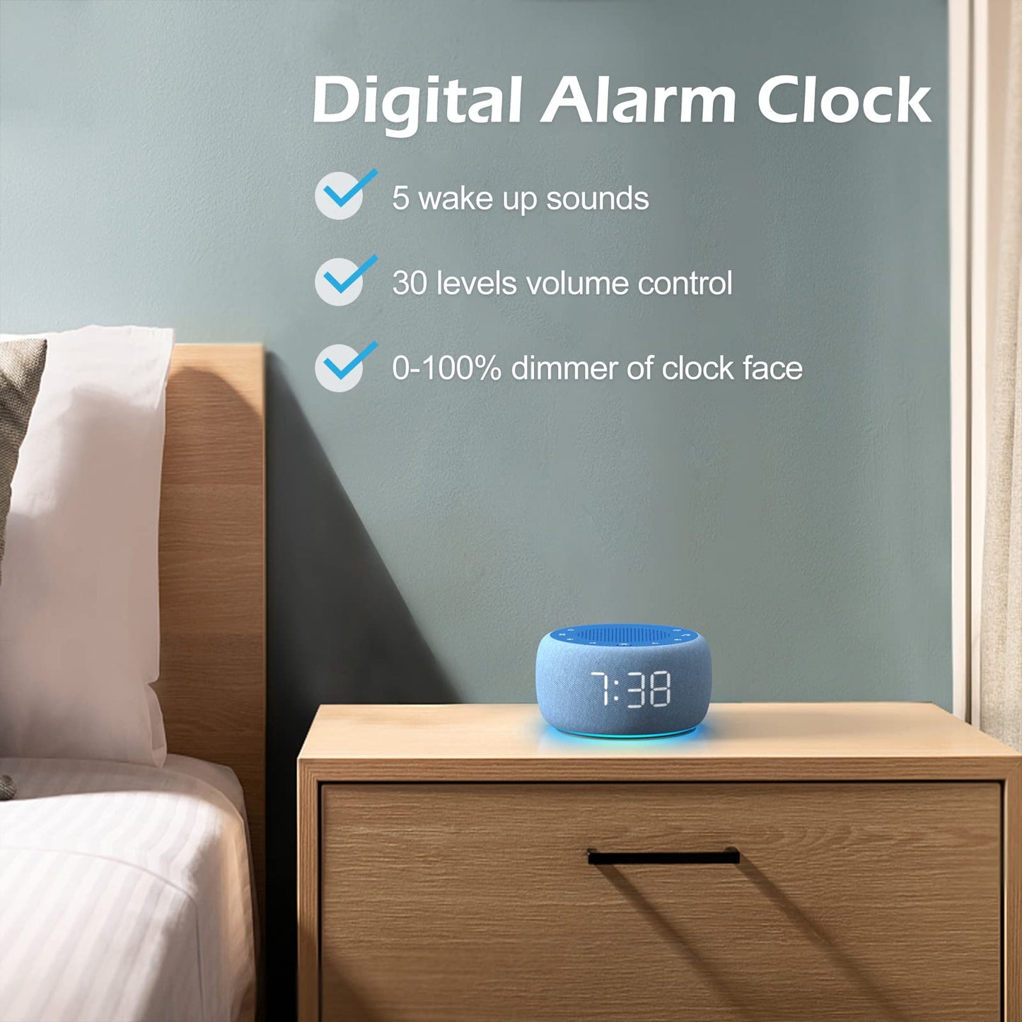 Buffbee Sound Machine & Alarm Clock 2-in-1, 0-100% Clock Face Brightness, Bottom Colored Light, Sleep Timer, Precise 30-Level Volume Control White Noise Machine - Twilight
