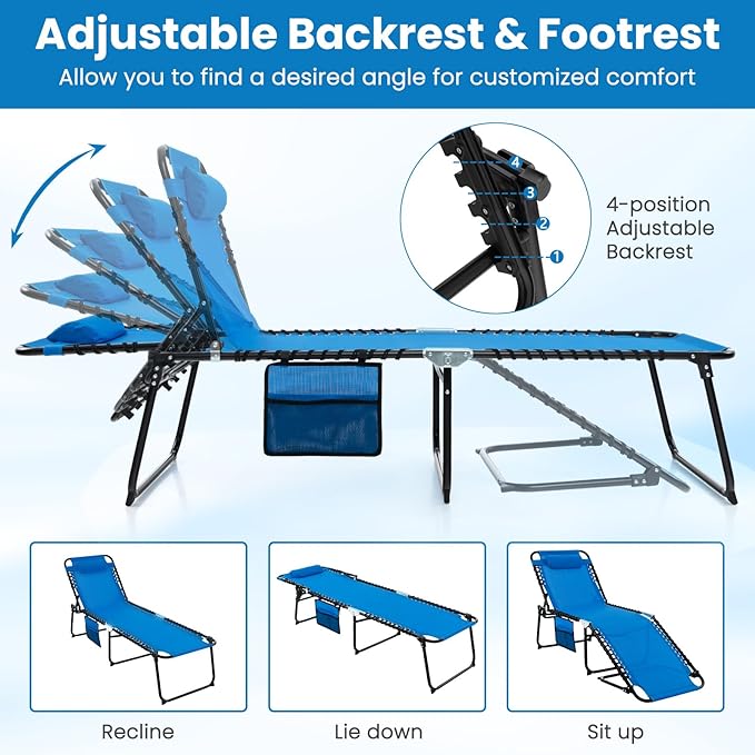 GYMAX Lounge Chairs for Outside, Extra High Folding Beach Tanning Lounger with Adjustable Backrest, Footrest & Removable Pillow, Sunbathing Lounge for Patio, Poolside (1, Navy with Pocket)