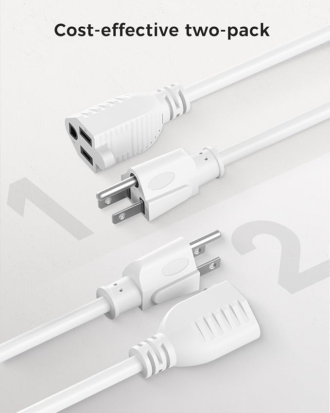[UL Listed] Cable Matters 2-Pack 16 AWG Heavy Duty 13A Power Extension Cord - 3ft, 3 Prong Power Cord Extension, NEMA 5-15P to NEMA 5-15R, White