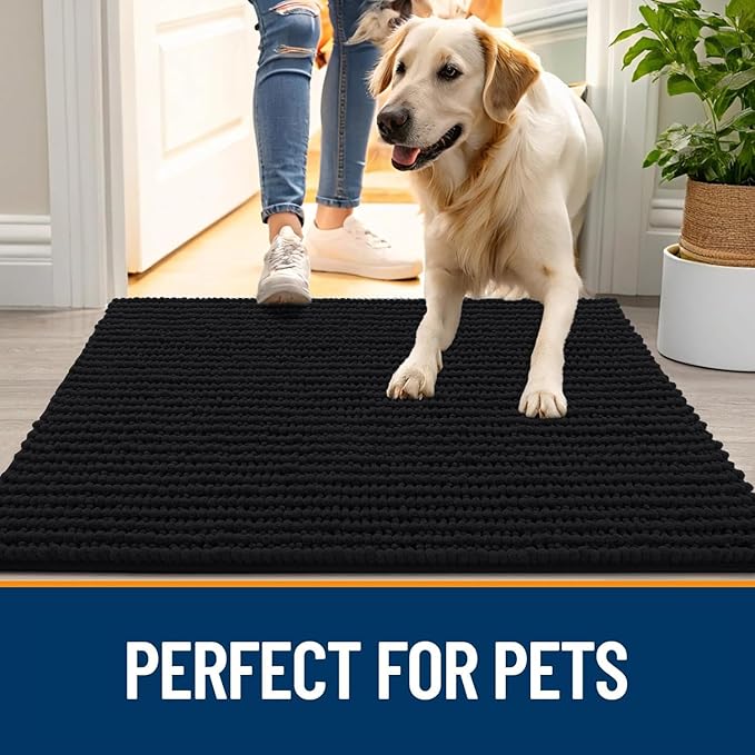 OLANLY Dog Door Mat for Muddy Paws 36x24, Ultra Absorbent Chenille Mud Doormat, Non-Slip Washable and Dirt Trapping Doormat for Indoor Entryway, Quick-Dry Indoor Pet Bed Mats for Dogs, Black