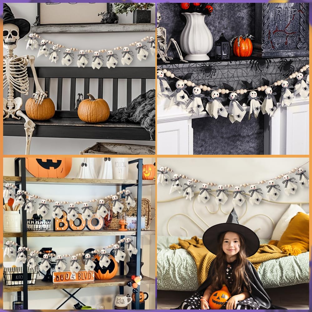 Vellibring 8.2Ft Halloween Ghost Garlands Decorations,Cute Fabric Ghost Banner with Wooden Beads Halloween Rustic Hanging Ghost Garlands for Room Indoor Party Wall Fireplace Doorway Decor