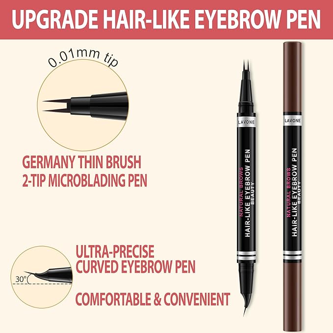 LAVONE Hair-Like Eyebrow Pen Makeup kit, Eyebrow Pencils for Women with Waterproof Microblading Eyebrow Pencil, Eyebrow Pomade, Eyeliner and Eyebrow Brush, Create Full, Natural Brows, Ash Brown