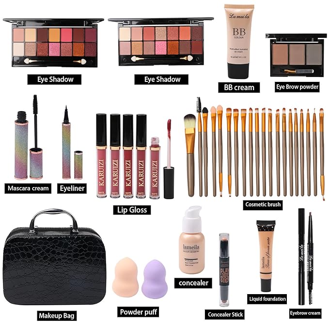 makeup sets for women,Professional Makeup Kit with Eyeshadow Palette,Brushes Set, Foundation, Lip Gloss, Travel Bag, Complete Beauty Set (Black bag)
