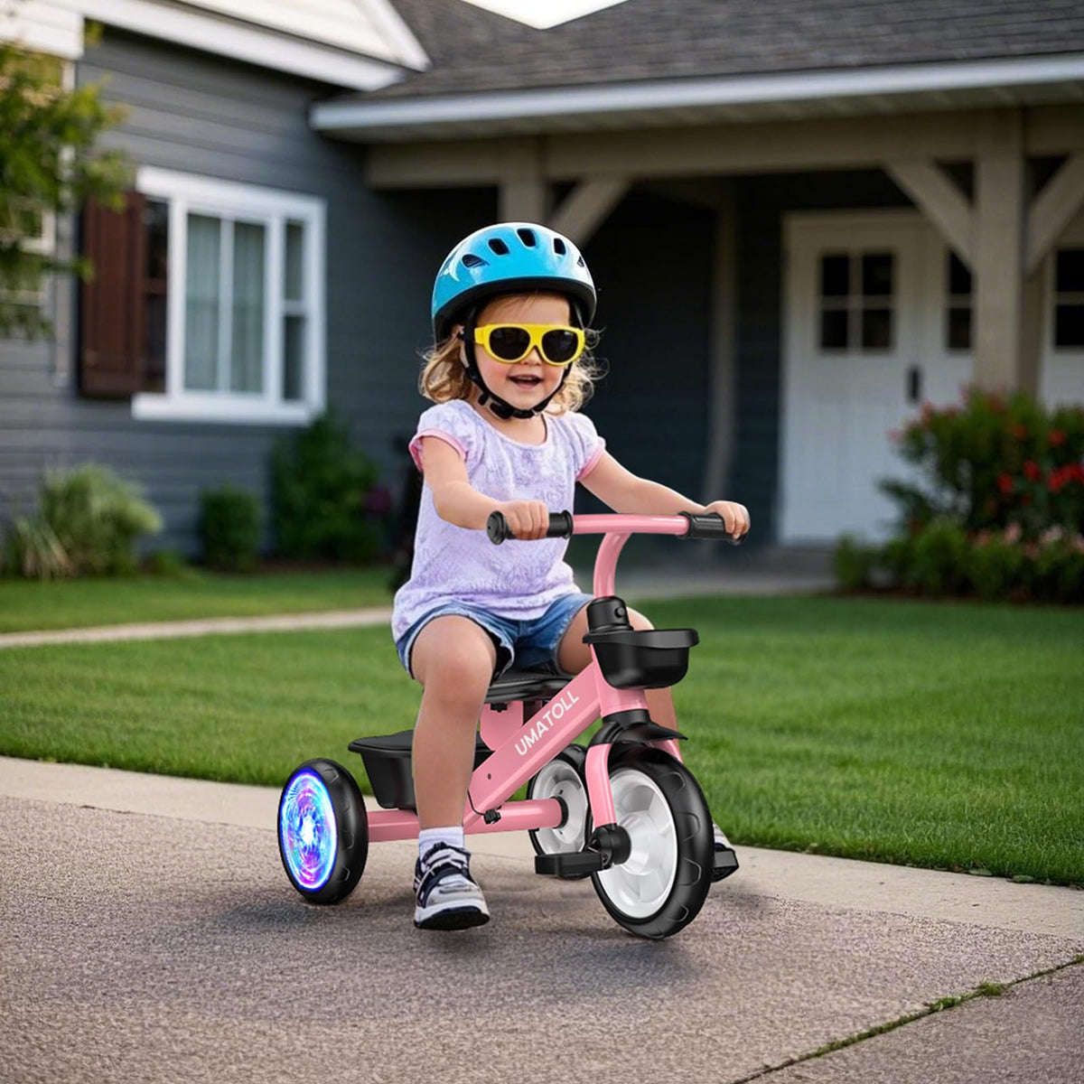 Umatoll Tricycle for Toddlers 2-5 Year Old, Ajustable Toddler Bike Outdoor Toys, Birthday Gift for Girl Age 2-4, Trike with Light up Wheels