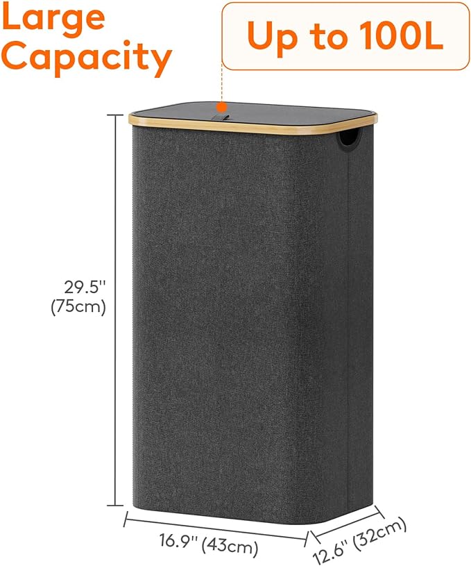 Lifewit 100L Laundry Basket with Lid, Clothes Hampers for Laundry with Bamboo Handles and A Removable Bag, Large Foldable Laundry Hamper for Bedroom, Bathroom, Dorm, Laundry Room, Dark Gray