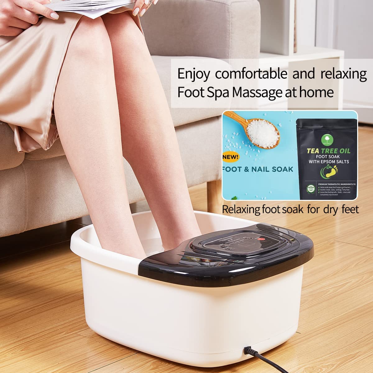 RIGHTMELL Foot Spa Massager with Heat, Bubbles & Vibration, Medium, Black/White, Model FT001