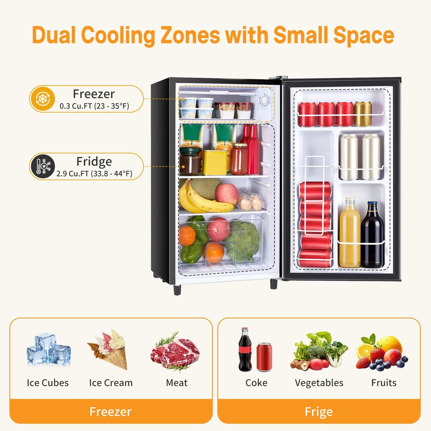 KMFurnila Mini Fridge with Freezer, 3.2 Cu.Ft Mini Refrigerators, Small Beverage Fridge with Adjustable Thermostat, for Bedroom, Office, Dorm, Single Door, Quiet & Energy Saving, Silver