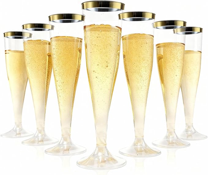 Bestluck 100 Pack Champagne Flutes Plastic with Gold Rim, 4.5 oz Clear Plastic Disposable Stemware, Disposable Champagne F...
