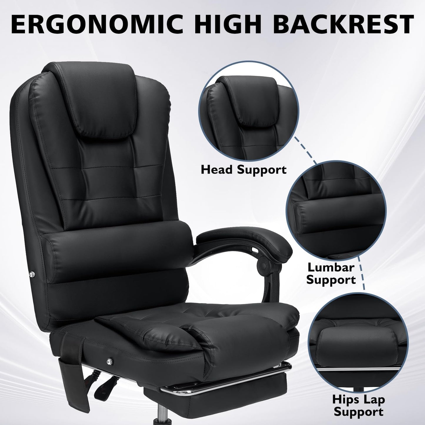 Massage Office Chair Reclining Office Chair with Footrest Soft Leather Executive Office Chair Ergonomic High Back Computer Desk Chair for Home Office Black