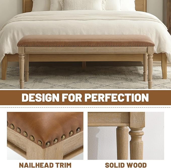 chairus Farmhouse Dining Bench 46" Wooden Entryway Bench with Padded Seat and Nailhead Trim for Kitchen Bedroom,Indoor and Hallway, Brown Leather