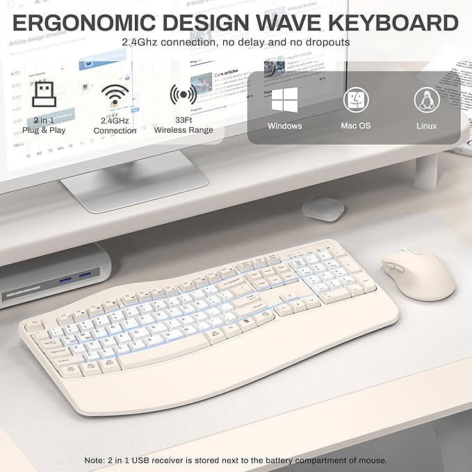 Ergonomic Wireless Keyboard and Mouse Combo, Wave Keys Keyboard with Wrist Rest for Natural Typing, 3 DPI Adjustable Ergonomic Silent Mouse for Computer/Laptop/Windows/Mac (Latte Color-B)