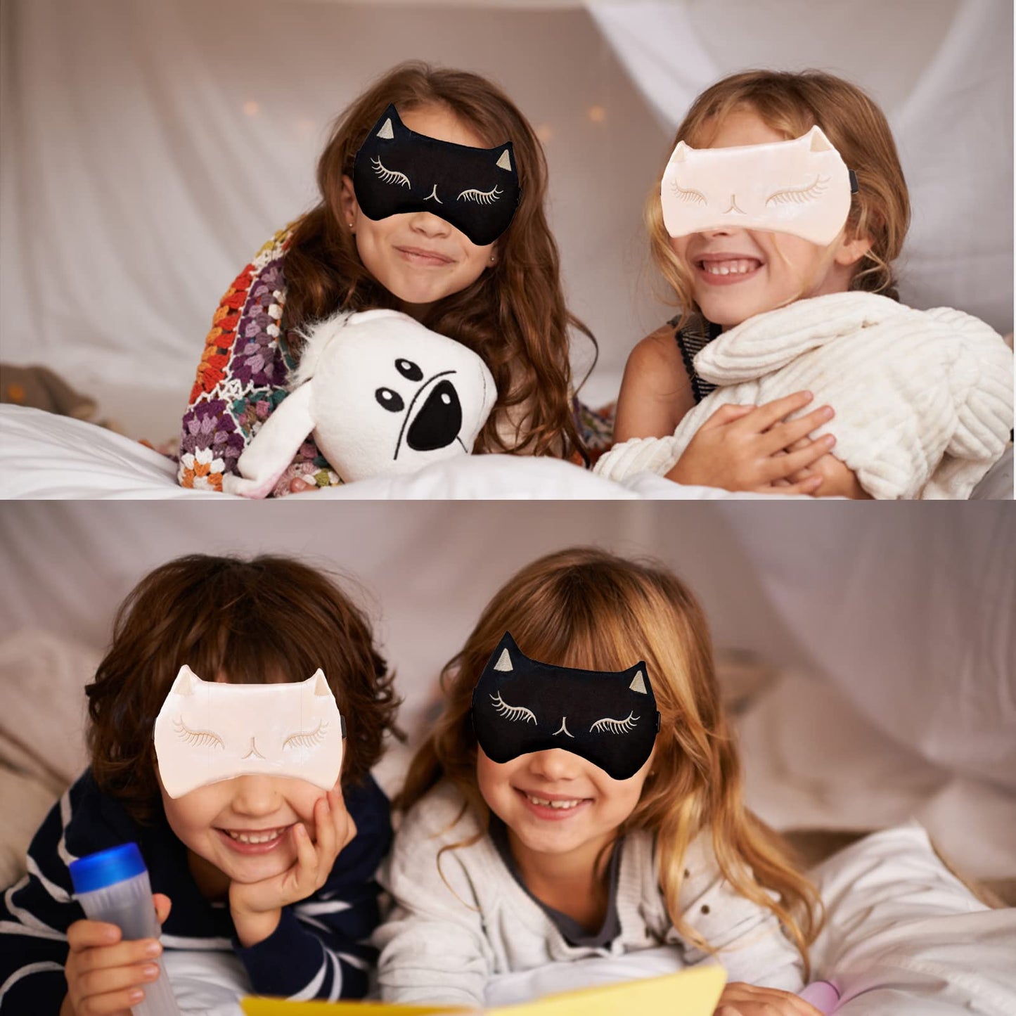 Mukveitn Cute Cat Sleep Mask for Kids, 2 Pack Silk Sleeping Eye Cover Adjustable Mask Night Eyeshade Cover for Girls Boys Women Men Sleep Travel Nap Party Supplies