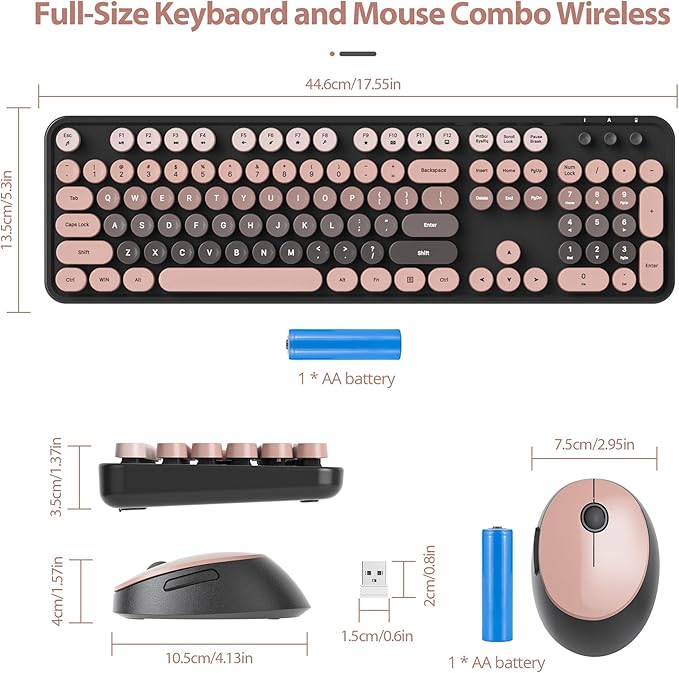 Wireless Keyboard and Mouse Set, Retro Typewriter, 2.4GHz Full Size 104-Key Cute Keyboard with Number Pad, Colorful Keyboard with Round Keycaps for Windows PC Laptop(Raspberry)