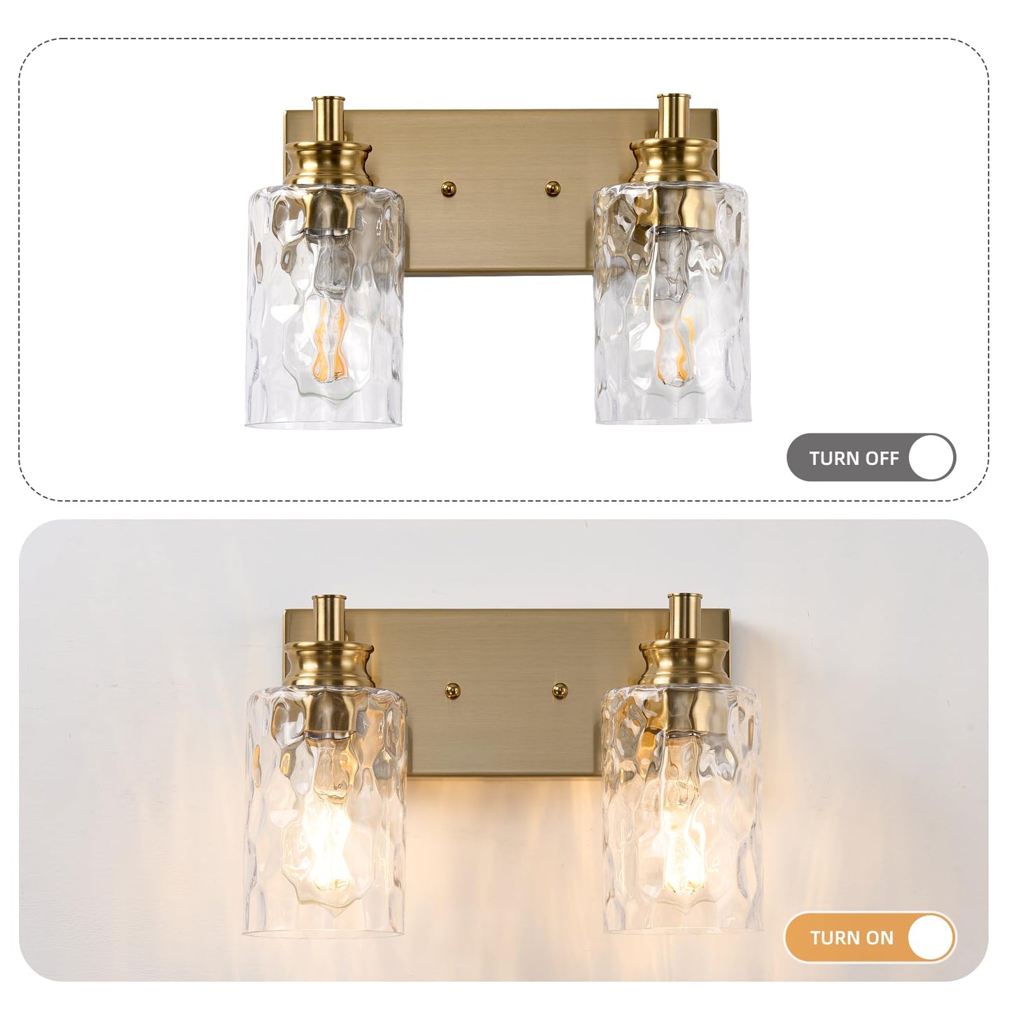 AMRUIPO 2 Light Bathroom Vanity Light Modern Brushed Gold Bathroom Light Fixtures Over Mirror with Hammered Glass Lampshade for Kitchen Hallway