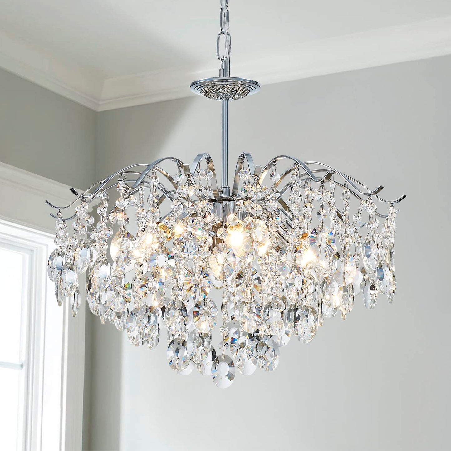 Saint Mossi Modern K9 Crystal Chandeliers, Middle Century Modern Design Chandelier Light Fixture for Dining Room, D20 x H17, Adjustable Chains 59", Chrome Finish Metal Frame