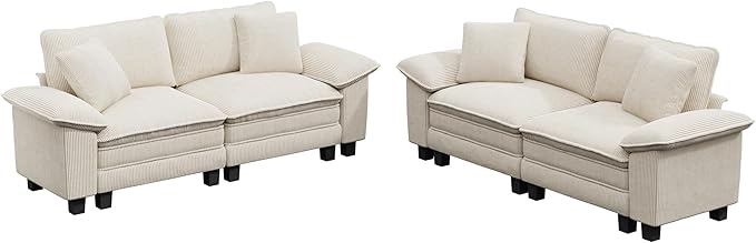 MIXPATIO L-Shaped Cloud Modular Sofa Set, 4-Piece Double Loveseat Sectional w/Deep Seat & Removable Arms, Plush Corduroy for Living Room - Beige