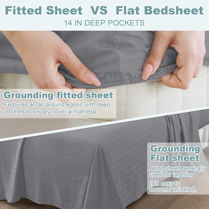 Grounding Sheets Queen Size,10% Silver Grounding Bed Sheets Grounding Fitted Sheets for Reduce Stress (60 x 80 x 14 inches)